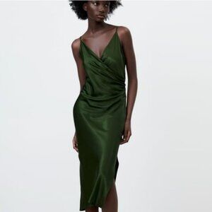 Zara Green Satin Midi Slip Dress Size XL Blogger Favourite